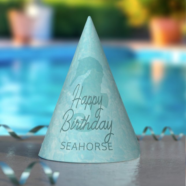 Chapeaux De Fètes Seahorse Joyeux Casquette de la fête de la piscine (Happy Birthday Seahorse! Perfect paper hat for your pool party. Just add your name)