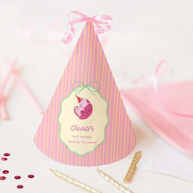 Chapeaux De Fètes Sleepy Cat 1st Birthday Yellow Stripes (Créateur téléchargé)