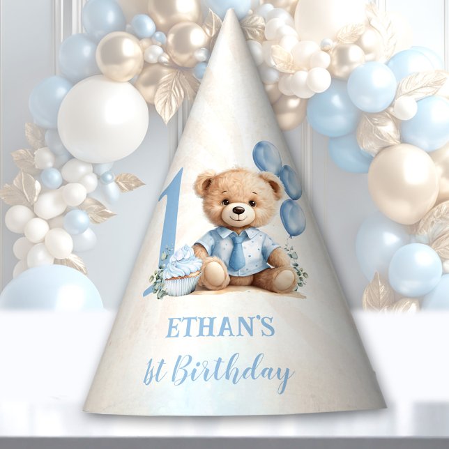 Chapeaux De Fètes Teddy Bear 1er Anniversaire Blue Ballons Papier (Teddy Bear 1st Birthday Blue Balloons Paper Party Hat)