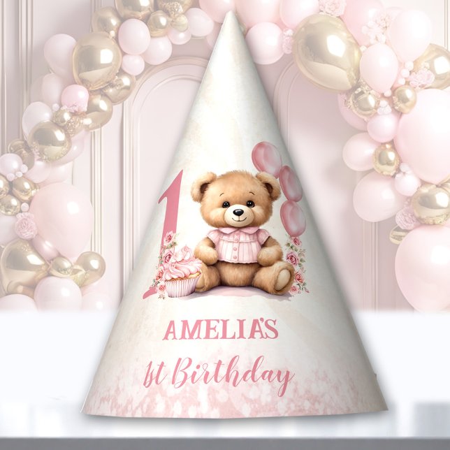 Chapeaux De Fètes Teddy Bear 1er Anniversaire Papier à ballons roses (Teddy Bear 1st Birthday Pink Balloons Paper Party Hat)