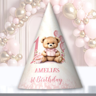 Chapeaux De Fètes Teddy Bear 1er Anniversaire Papier à ballons roses
