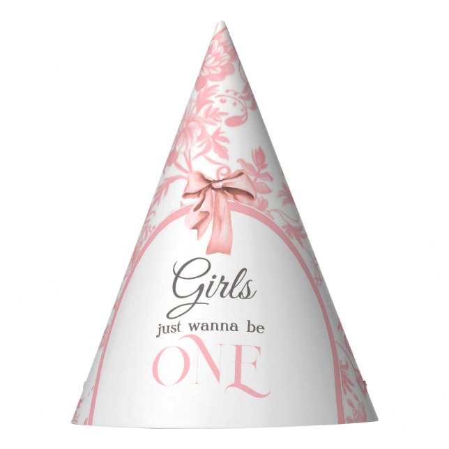 Chapeaux De Fètes Toile de Jouy Girl Pink Bow First 1st Birthday (Devant)