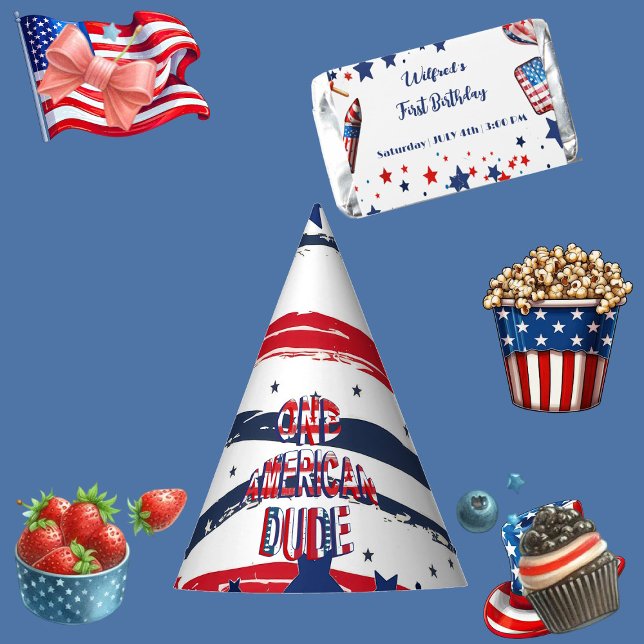 Chapeaux De Fètes Un Américain Dude 4 Juillet Rouge Blanc Bleu Anniv (One American Dude 4 July Red White Blue Birthday Party Hat)