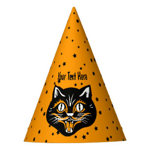 Chapeaux De Fètes Vintage Halloween Black Cat Head Stars Orange