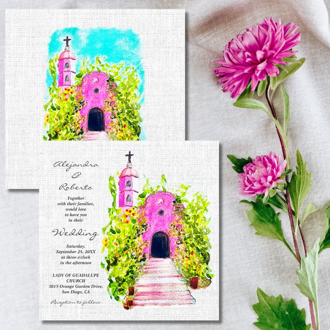 Chapelle rose Aquarelle Faire-part de mariage mexi (Créateur téléchargé)