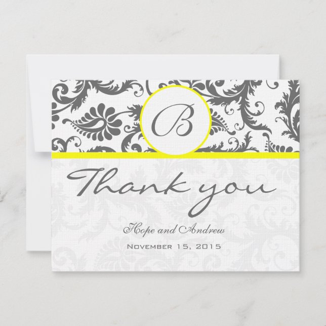 Charcoal Grey Damask Jaune Mariage Carte de remerc (Devant)