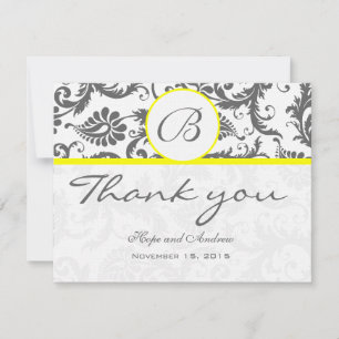 Charcoal Grey Damask Jaune Mariage Carte de remerc