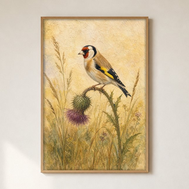 Chardonneret sur une affiche aquarelle chardon (Shown framed for scale. Poster ships unframed; frames are an optional add-on.)