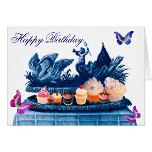 CHARIOT BLEU DE SWANS ET CUPCAKES JOYEUX ANNIVERSA