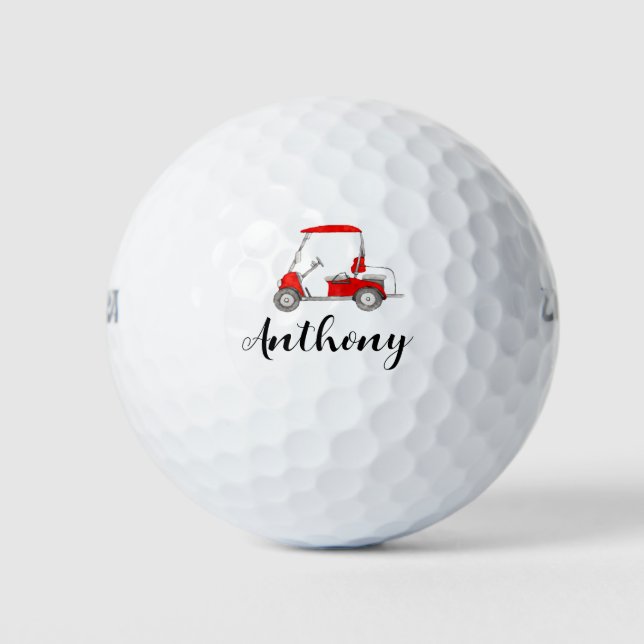 Chariot de golf rouge avec votre nom sur balle de  (Devant)