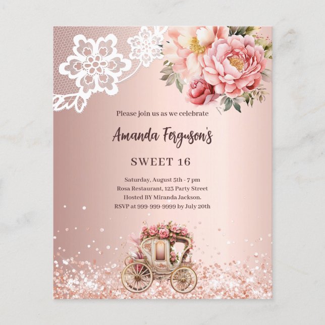 Chariot rose or fleuri Sweet 16 invitation (Devant)