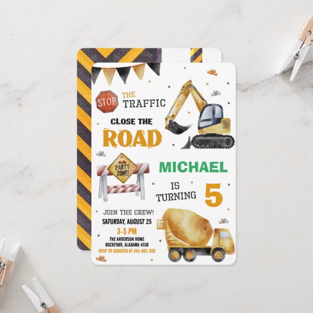 Chariots de construction Invitation de fête d'anni (Devant/Arrière en situation)