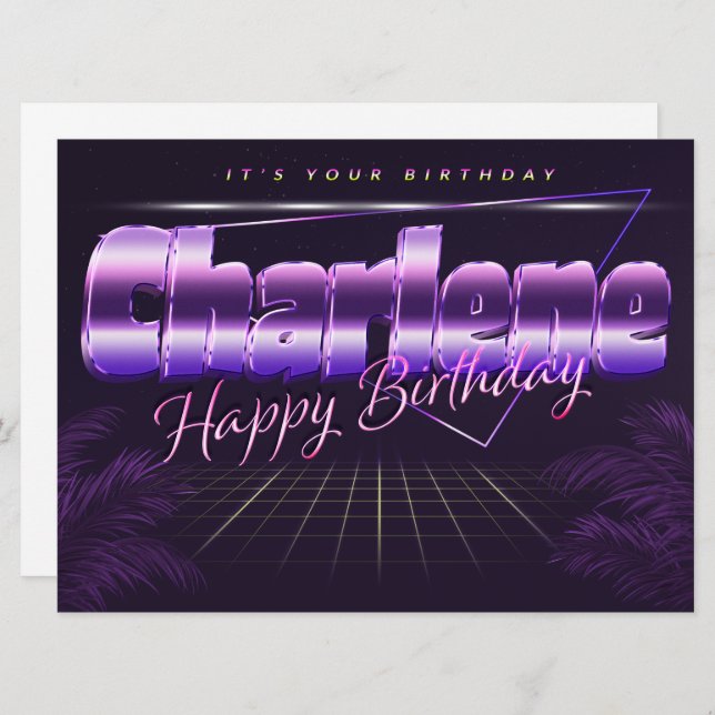 Charlene Nom Prénom carte rétro lilas Anniversaire (Devant / Derrière)