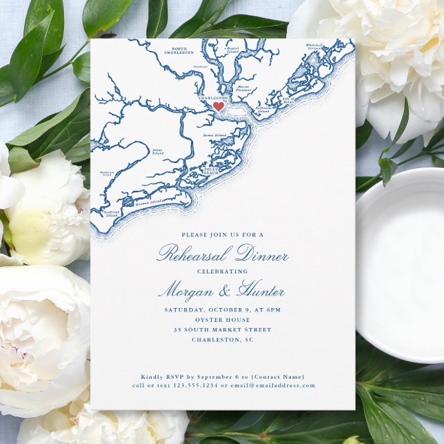 Charleston Carte Marine Bleu Mariage Dîner de répé (Charleston SC Map Wedding Rehearsal Dinner Invitation in elegant navy blue from Coastal Map Designs)