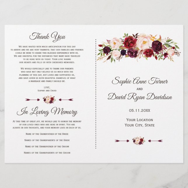 Charm Bourgogne Red Marsala Floral Wedding Program (Devant)