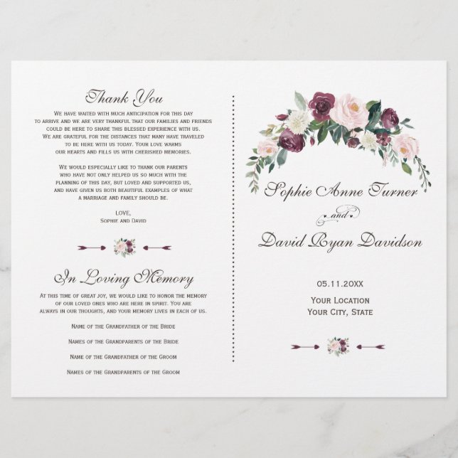 Charm Burgundy Blush Ivory Floral Wedding Programm (Devant)