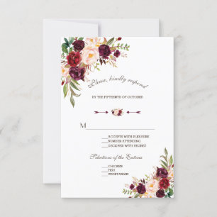 Charm Navy Blue Bourgogne Floral Wedding RSVP