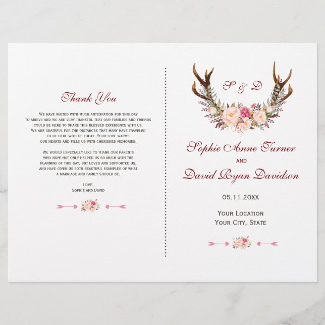 Charm Rose Blush Floral Antlers Programme de maria (Devant)