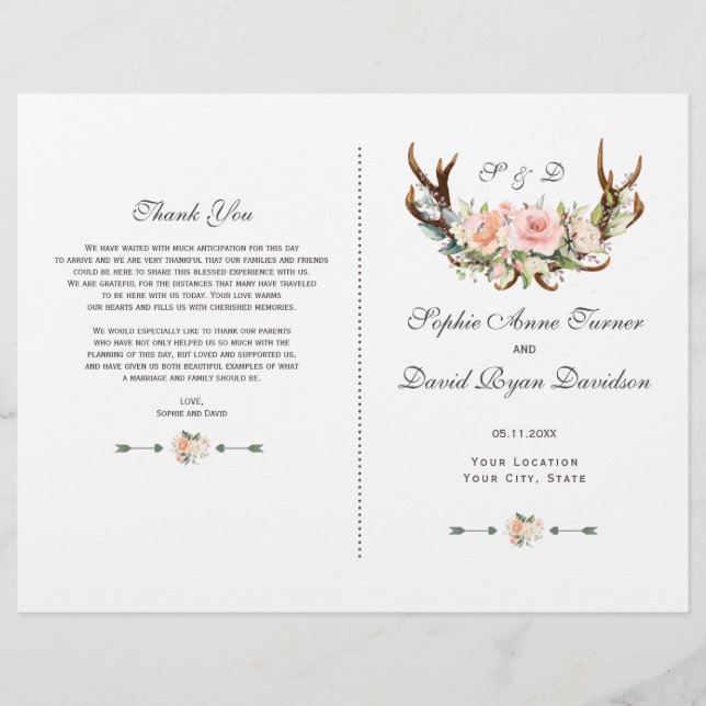 Charm Rose Blush Floral Antlers Programme de maria (Devant)