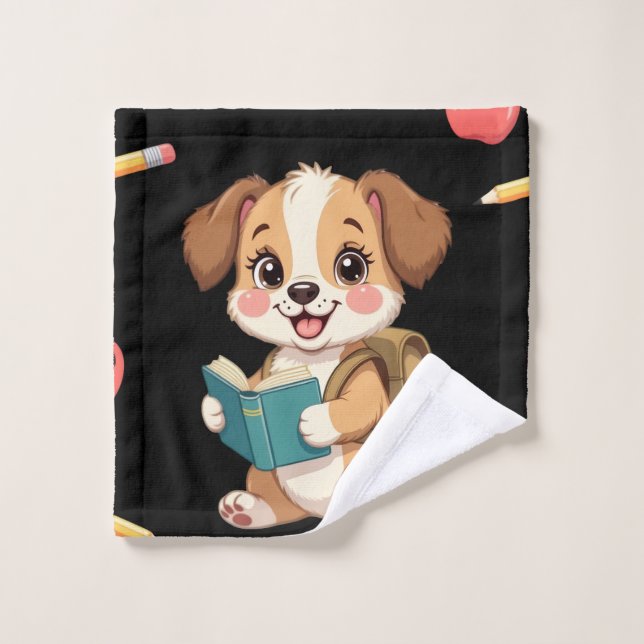 Charmant chiot lisant, motif cartable  (Gant de toilette)