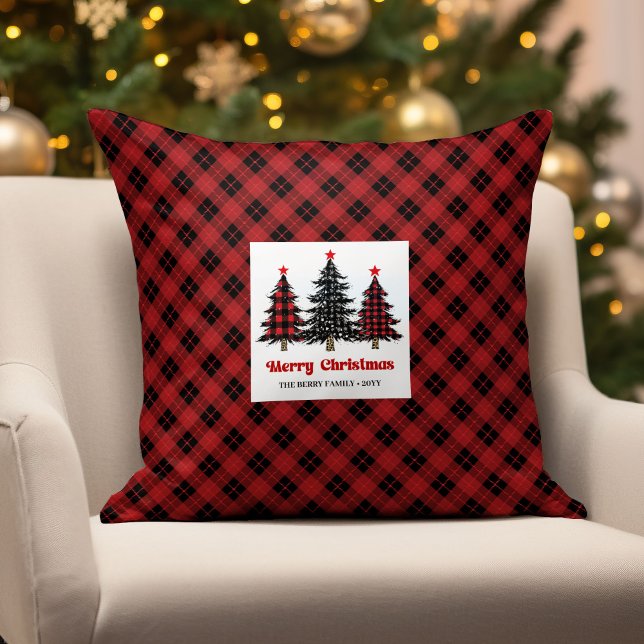 Charmant Coussin d'Arbres de Noël à carreaux de Bu (Charming Buffalo Check Christmas Trees Pillow)