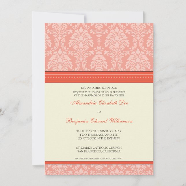 Charmant Damask 5x7 Faire-part de mariage : corail (Devant)