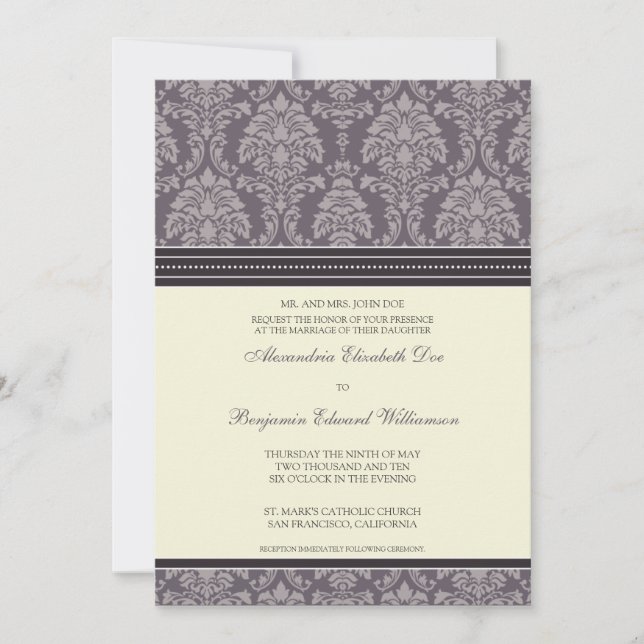 Charmant Damask 5x7 Faire-part de mariage : prune (Devant)