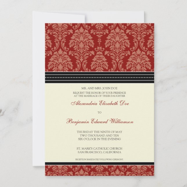 Charmant Damask 5x7 Faire-part de mariage :rouge (Devant)