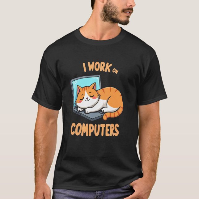 Charmant Je Travaille sur Ordinateur T-Shirt Chat (Devant)