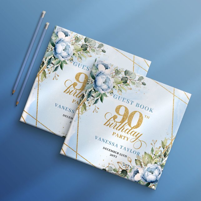Charmant livre d'or pour 90e anniversaire Fleurs B (Charming 90th Birthday Dusty Blue Floral Memory Guest Book

)