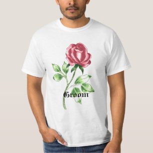 Charmant t-shirt mariage de marié à la rose rouge