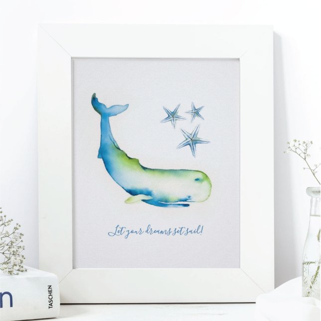 Charmante décoration murale baleine bleue aquarell (Wall Art home decor ideas Watercolor Blue Whale with inspirational quote for home )