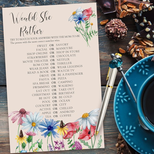 Charme de Fleur Sauvage Jeu de Préférence sous la  (Would She Rather Bridal Shower Game from my Wildflower Charm collection)