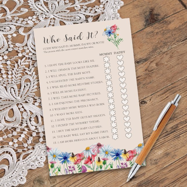 Charme de Fleur Sauvage Qui a Dit Ça Jeu de Douche (Who Said It? Mommy or Daddy Baby Shower game from Wildflower Charm collection by Darling & May)