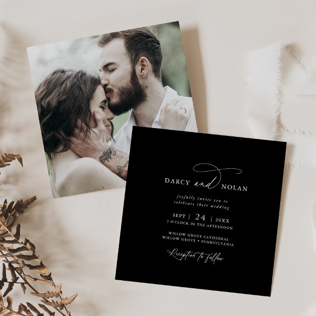 Charme élégant Photo Noir foncé Mariage Invitation (Elegant Charm Photo Dark Black Wedding Invitations)