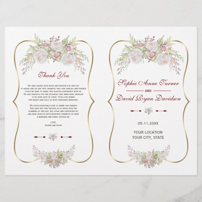 Charme Fleurs blanches Gold Frame Wedding Programm (Devant)