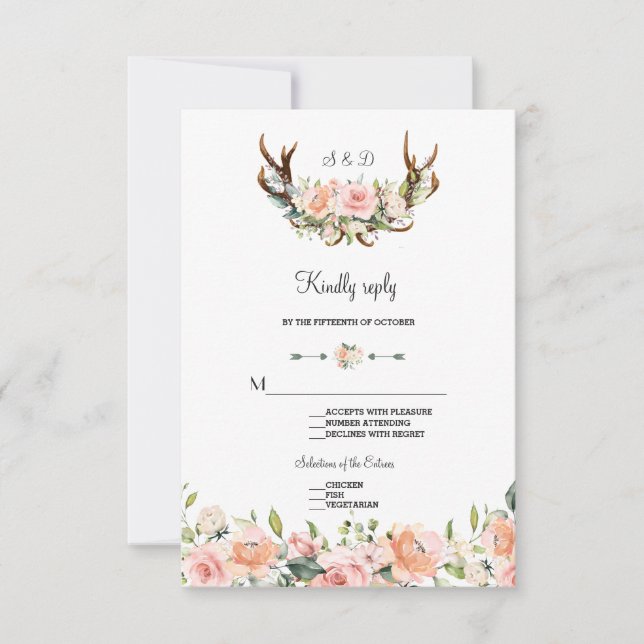 Charme Rose Blush Floral Cerf Mariage RSVP (Devant)