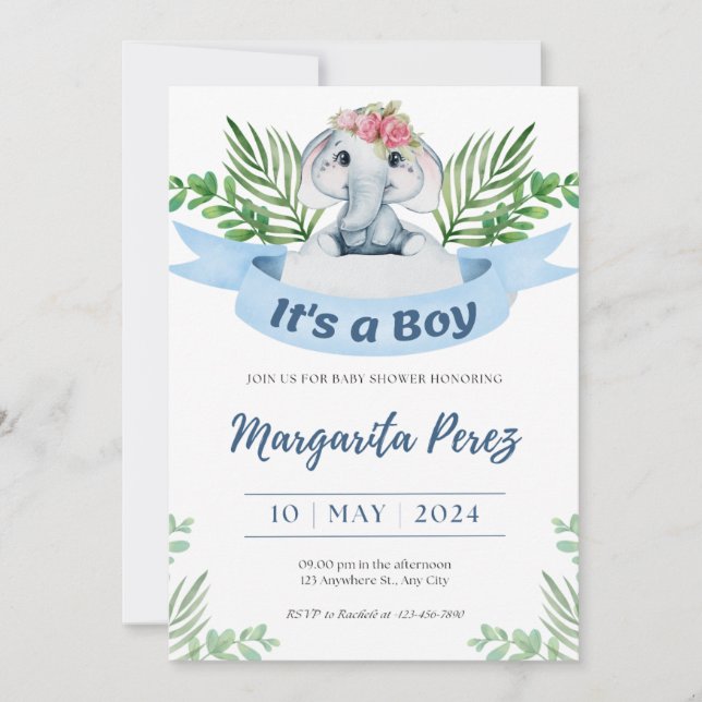 Charming Baby Boy Elephant Illustration Invitation (Devant)