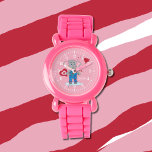 Charming éléphant rose montre fille avec nom<br><div class="desc">Une adorable montre rose pour que les filles apprennent à lire l'heure. Celui-ci présente un éléphant de dessin animé et quelques coeurs. Personnalisez-le avec un nom. Choisissez une couleur et/ou un style différents si vous le souhaitez. © ArianeC Illustrations-Tous droits réservés</div>