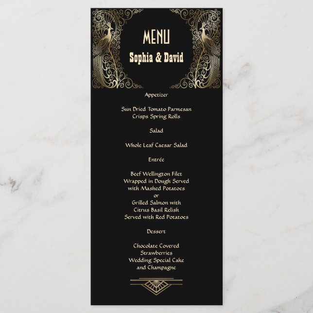 Charming Gold Art Deco Peacocks Menu Mariage (Devant)