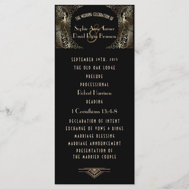 Charming Gold Art Déco Peacocks Programme de maria (Devant)