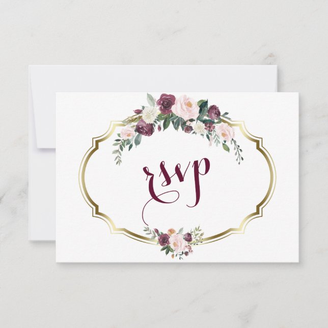 Charming Gold Burgundy Blush Floral Wedding RSVP (Devant)