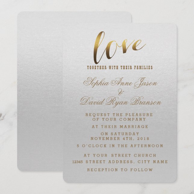 Charming Gold Foil Grunge Gris Faire-part de maria (Devant / Derrière)