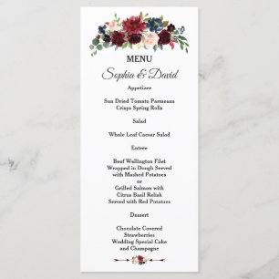 Charming Merlot Navy Blue Floral Mariage Menu