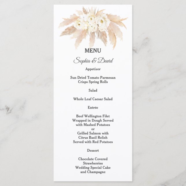 Charming Pampas Grass White Flowers Wedding Menu (Devant)
