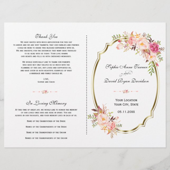 Charming Pink Blush Floral Programme de mariage or (Devant)