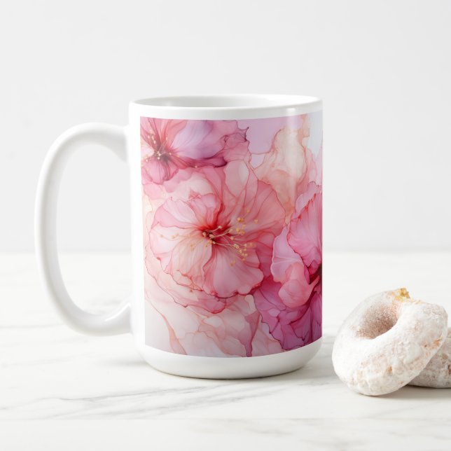 Charming Pink Floral Mug for Coffee and Tea (Avec donut)