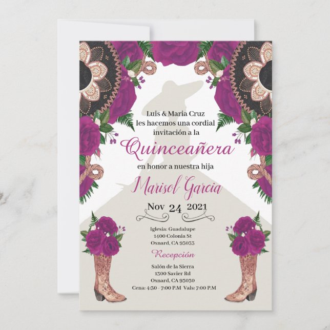Charra Quinceanera Invitation, Purple Mariachi (Devant)