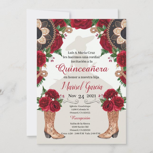 Charra Quinceanera Invitation, Red Roses Mariachi (Devant)