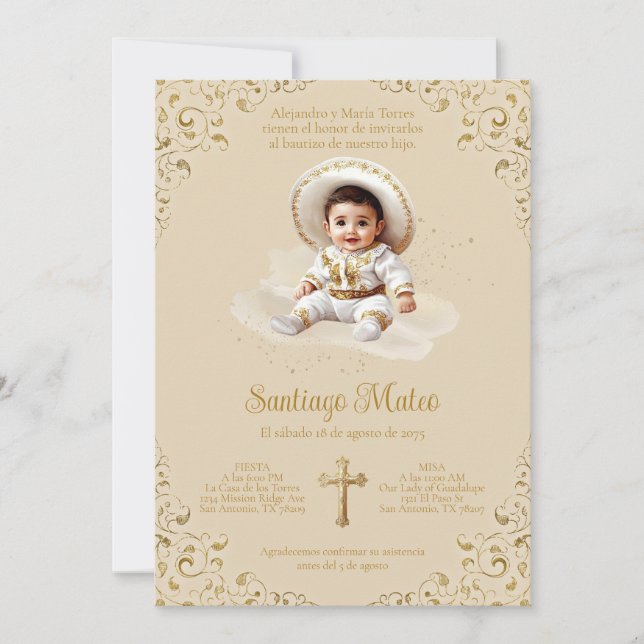 Charro Baptism Invitation - Garçon - Tan & Or (Devant)